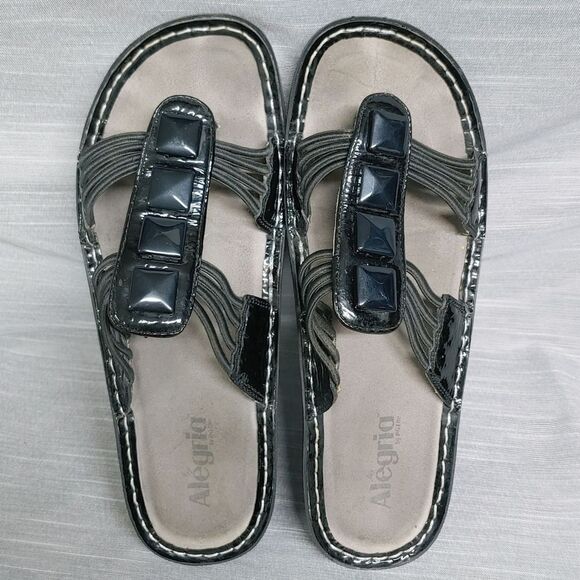 Alegria Black Leather Sandals Flip Flops - Picture 4 of 11